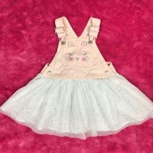 OshKosh B'gosh Tutu Dress Overalls Pink Bunny Glitter Tulle Circle Skirt 18Month
